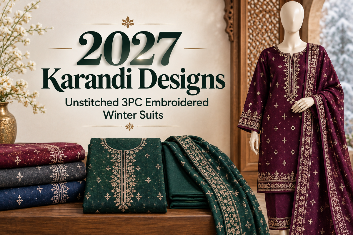 Khattak Fabrics latest 3PC unstitched embroidered karandi suit collection featuring warm shawls and elegant winter designs