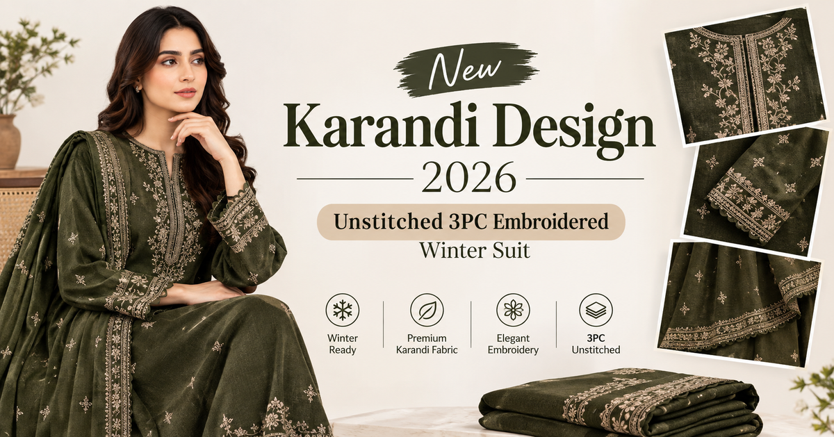 New Karandi Design 2026: Unstitched 3PC Embroidered Winter Suit