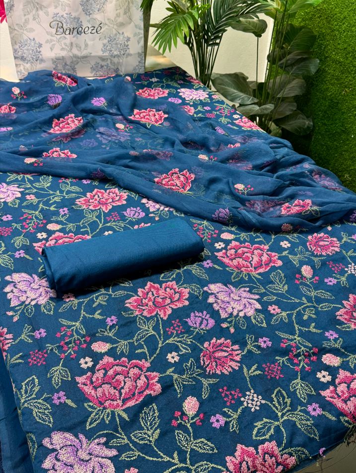 Bareeze Karandi 3PC Suit in Blue with Pure Crinkle Chiffon Dupatta - Unstitched Pakistani Winter Suit