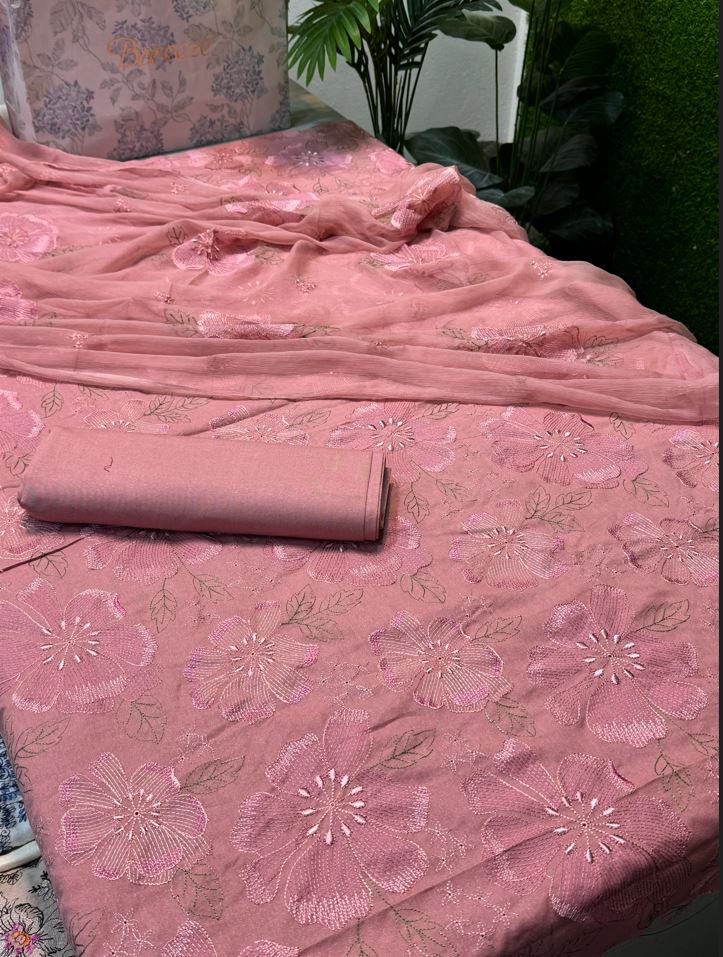 Bareeze Karandi 3PC Unstitched Suit in Pink with Chiffon Dupatta - Khattak Fabrics