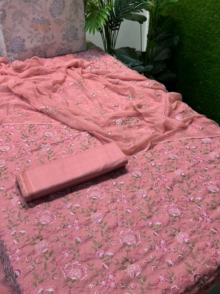 Bareeze Karandi 3PC Unstitched Suit in Pink with Pure Crinkle Chiffon Dupatta - Khattak Fabrics