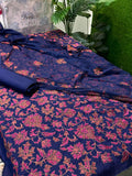 Premium Dark Blue Bareeze Karandi 3-Piece Unstitched Suit with Pure Crinkle Chiffon Dupatta and Embroidered Details