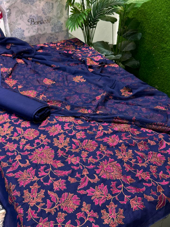 Premium Dark Blue Bareeze Karandi 3-Piece Unstitched Suit with Pure Crinkle Chiffon Dupatta and Embroidered Details