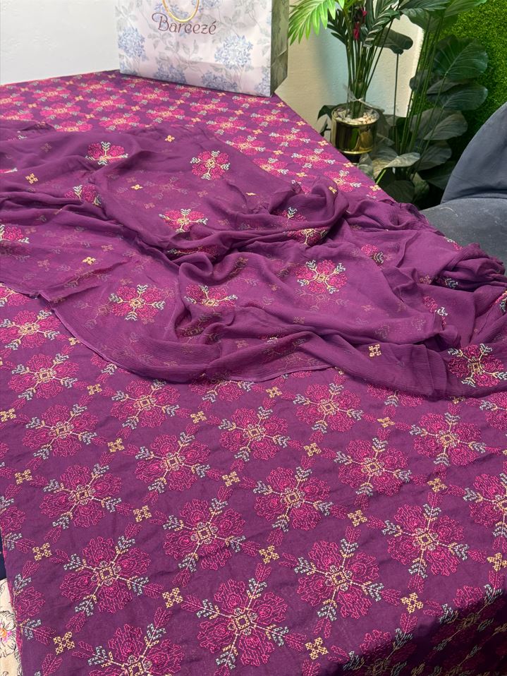 Bareeze Karandi 3PC Suit in Purple with embroidered shirt, matching Karandi trouser, and crinkle chiffon dupatta - Khattak Fabrics