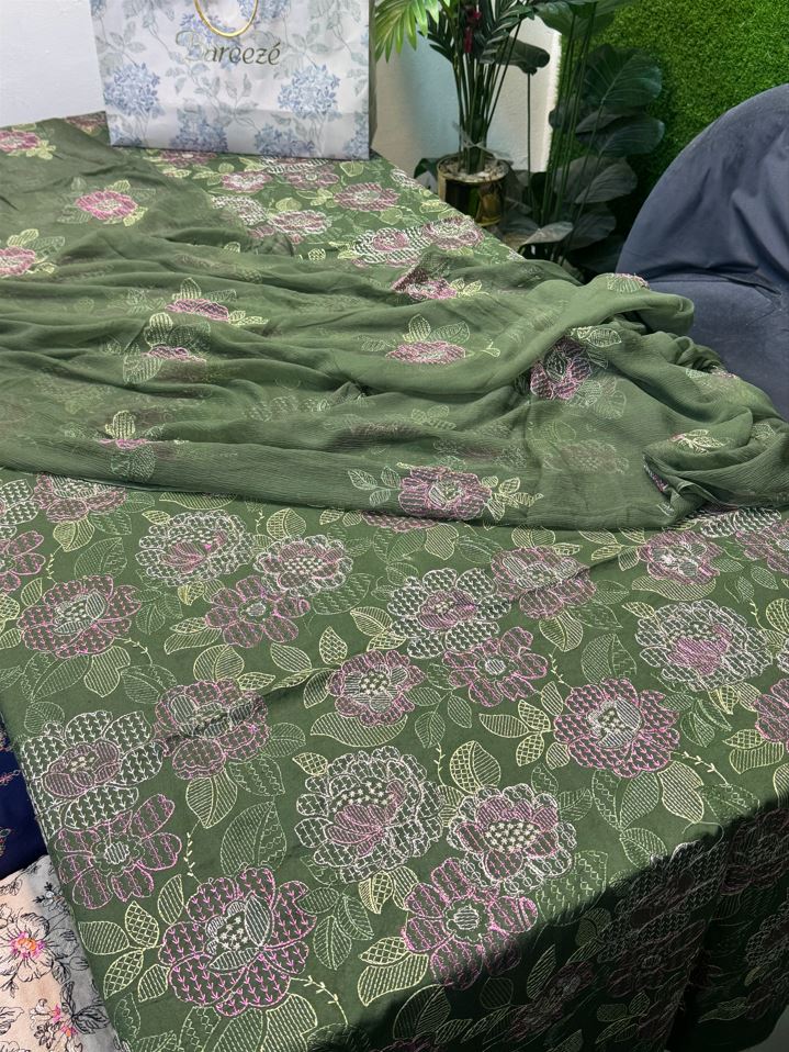 Bareeze Karandi 3PC Suit Green - Unstitched Embroidered Shirt with Chiffon Dupatta