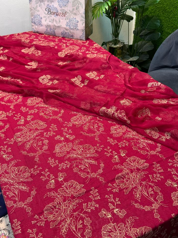 Premium Red Bareeze Karandi 3-Piece Unstitched Suit with Pure Crinkle Chiffon Dupatta – Khattak Fabrics