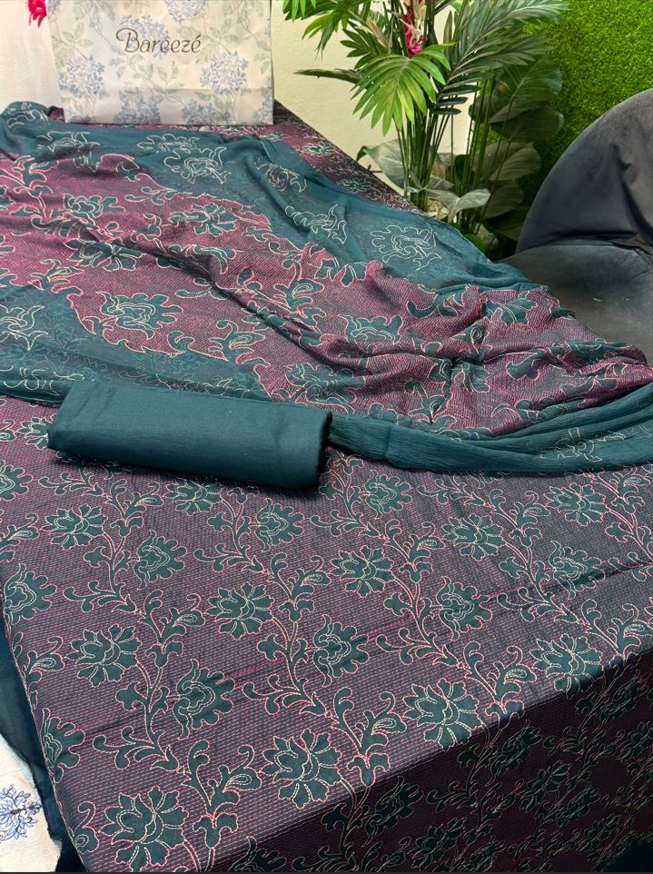 Bareeze Karandi 3PC Suit in Zinc color with embroidered shirt and pure crinkle chiffon dupatta 