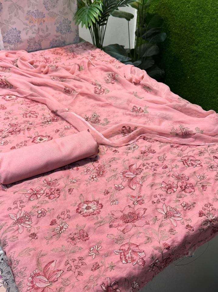 Bareeze Karandi 3PC Unstitched Suit in Pink with Chiffon Dupatta - Khattak Fabrics