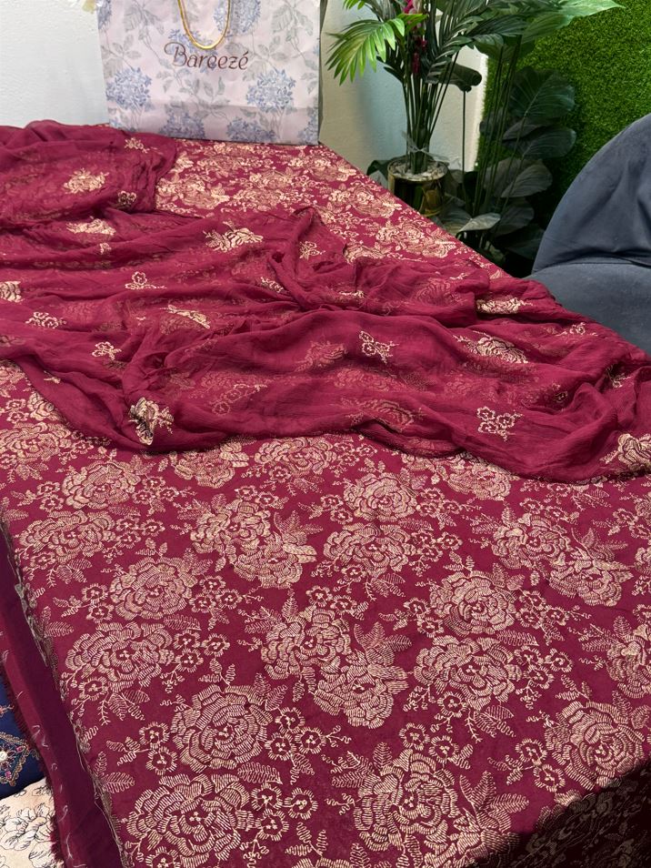 Bareeze Karandi 3PC Unstitched Suit in Maroon with Pure Crinkle Chiffon Dupatta and Embroidered Shirt