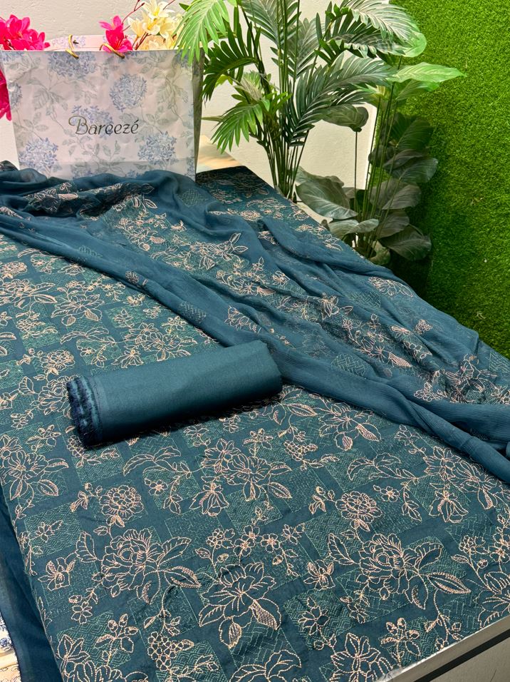 Bareeze Karandi 3PC Suit in Zinc with Pure Crinkle Chiffon Dupatta by Khattak Fabrics