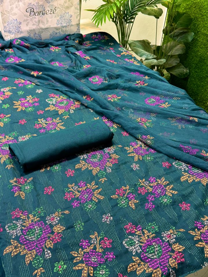 Bareeze Karandi 3PC Suit in Teal Blue with embroidered shirt and pure crinkle chiffon dupatta