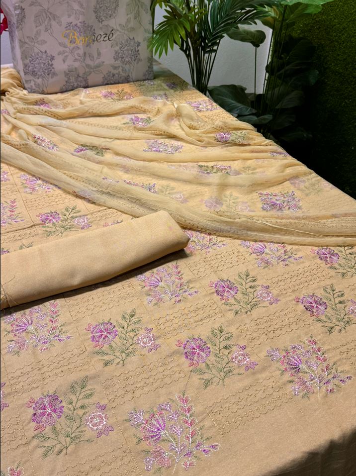 Bareeze Karandi 3PC Suit Light Yellow unstitched embroidered shirt with pure crinkle chiffon dupatta by Khattak Fabrics