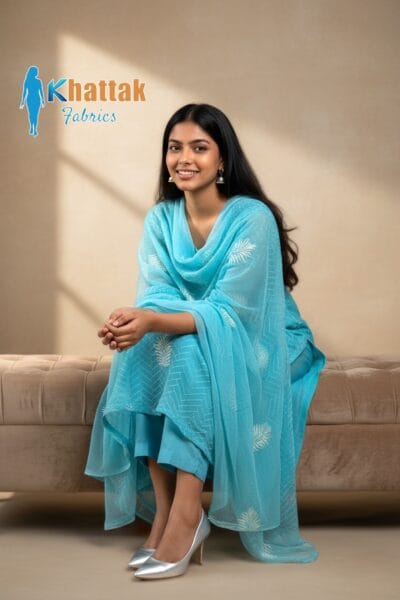 Khattak Fabrics Sky Blue Karandi Suit 2025 – Machine Embroidered Winter Collection