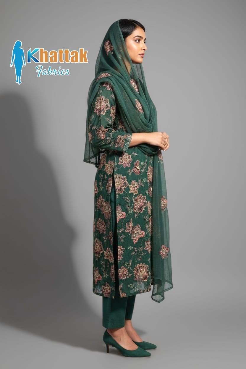 Khattak Fabrics Bottle Green Karandi Suit 2025 – Machine Embroidered Floral Design