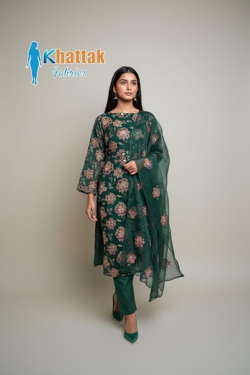Machine Embroidered Bottle Green Karandi Suit – Khattak Fabrics 2025 Khattak Fabrics Bottle Green Karandi Suit 2025 – Machine Embroidered Floral Design