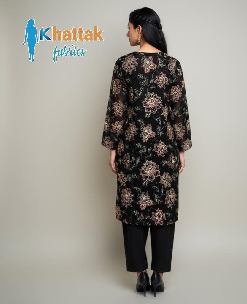 Black embroidered Karandi 3-piece suit by Khattak Fabrics