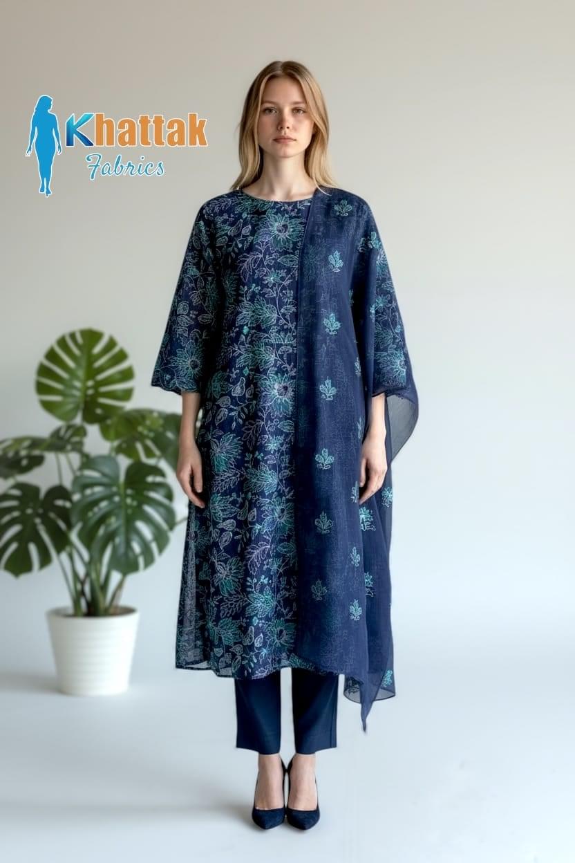 Khattak Fabrics Navy Blue Karandi Suit 2025 – Machine Embroidered Winter Collection