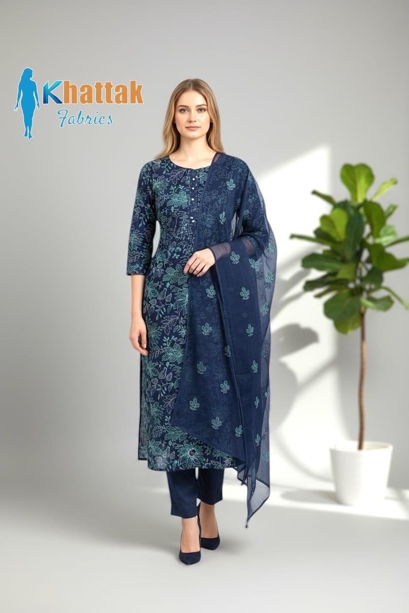 Khattak Fabrics Navy Blue Karandi Suit 2025 – Machine Embroidered Winter Collection