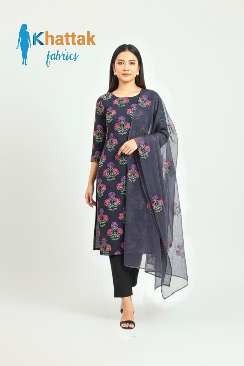 Khattak Fabrics Black Karandi Suit 2025 – Machine Embroidered Floral Design