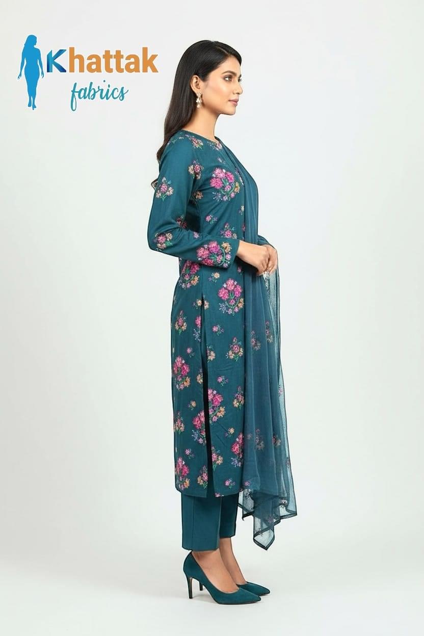 Khattak Fabrics Teal Blue Karandi Suit 2025 – Machine Embroidered 3-Piece
