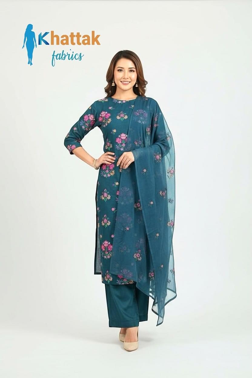 Khattak Fabrics Teal Blue Karandi Suit 2025 – Machine Embroidered 3-Piece