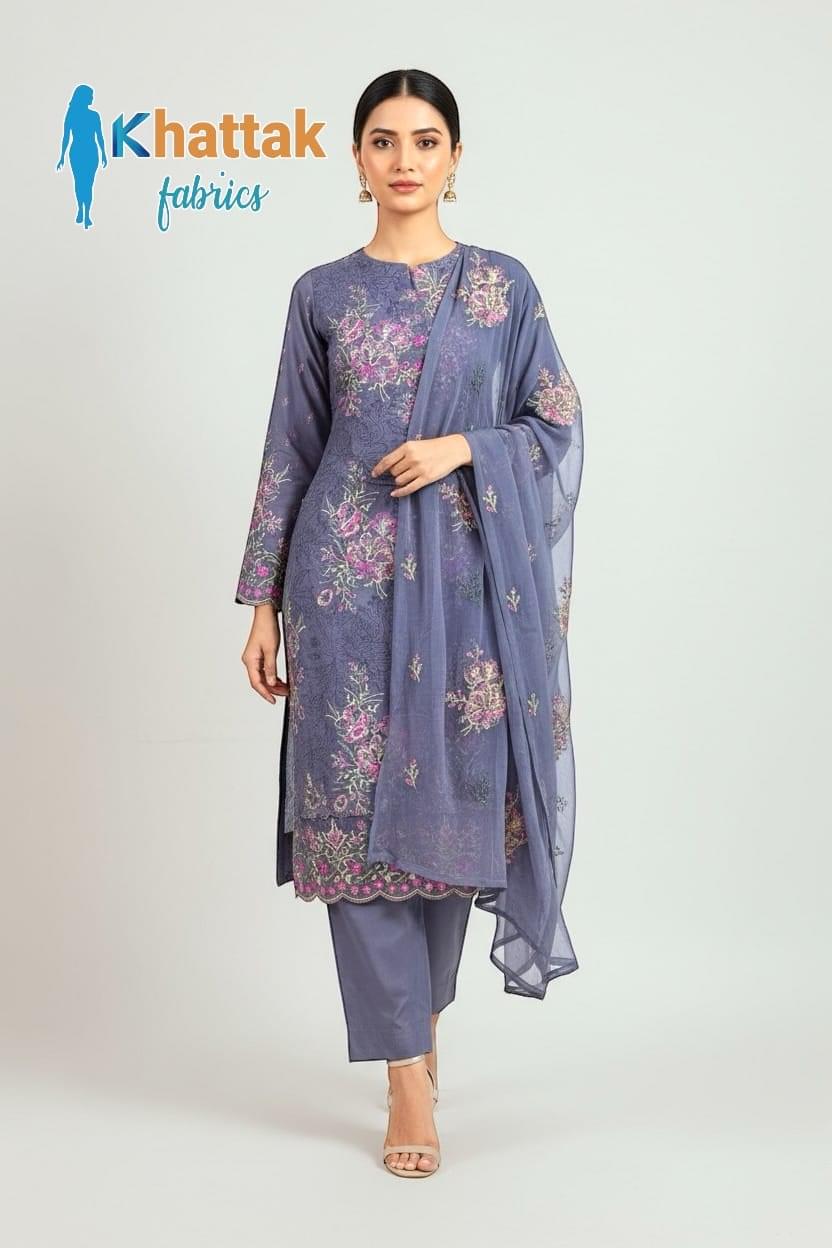 Khattak Fabrics Lavender Blue Karandi Suit 2025 – Machine Embroidered 3-Piece