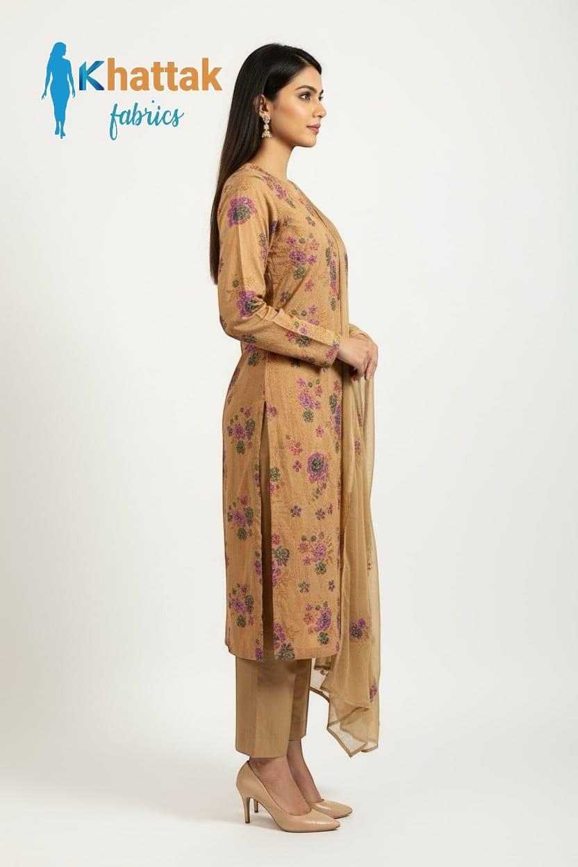 Khattak Fabrics Golden Beige Karandi Suit 2025 – Machine Embroidered 3-Piece