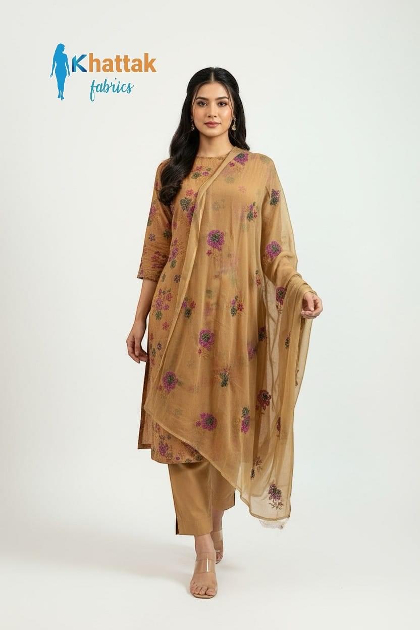 Machine Embroidered Golden Beige Karandi Suit – Khattak Fabrics 2025 Khattak Fabrics Golden Beige Karandi Suit 2025 – Machine Embroidered 3-Piece