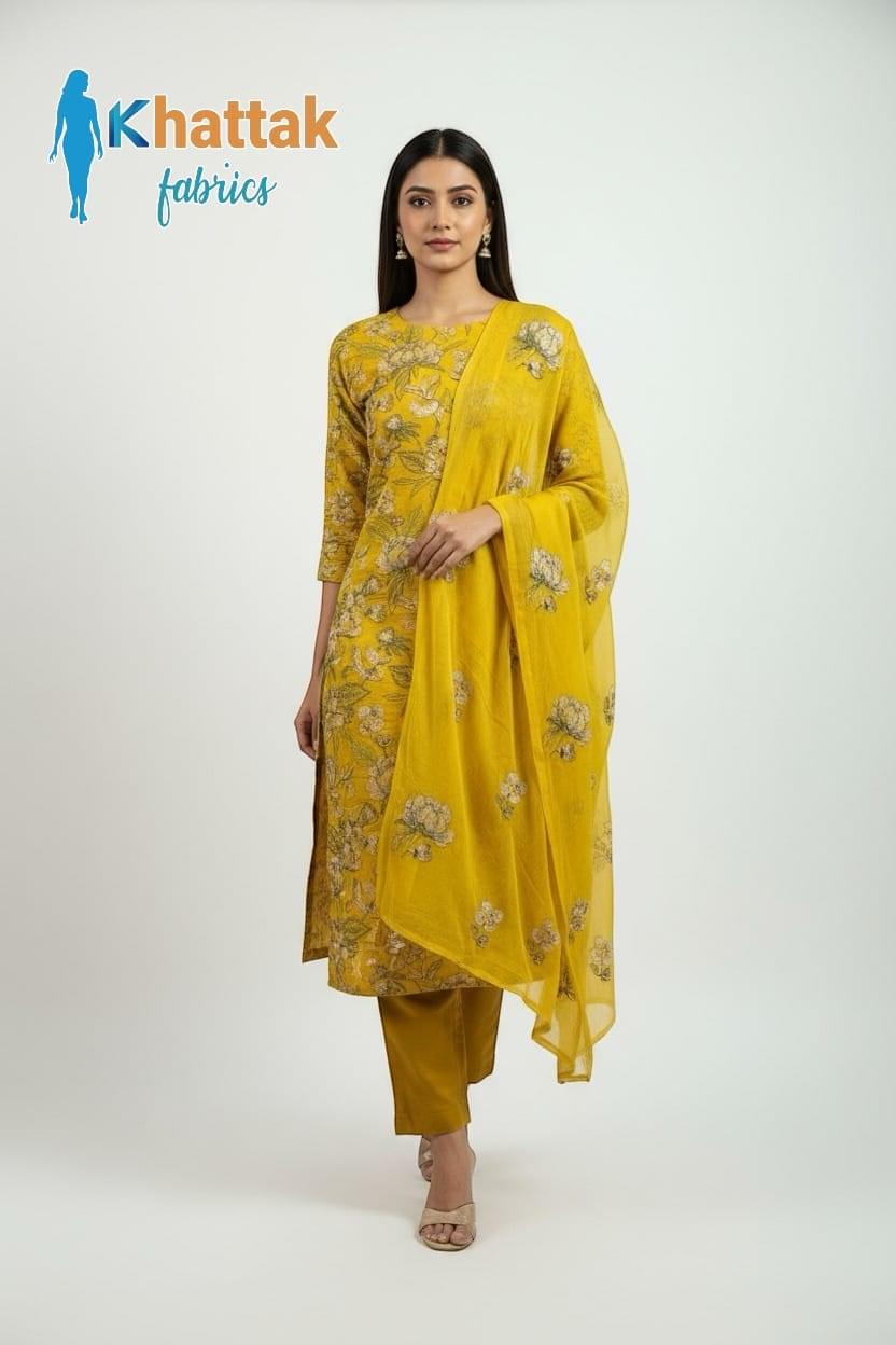 Golden mustard embroidered Karandi 3-piece suit with floral design by Khattak Fabrics