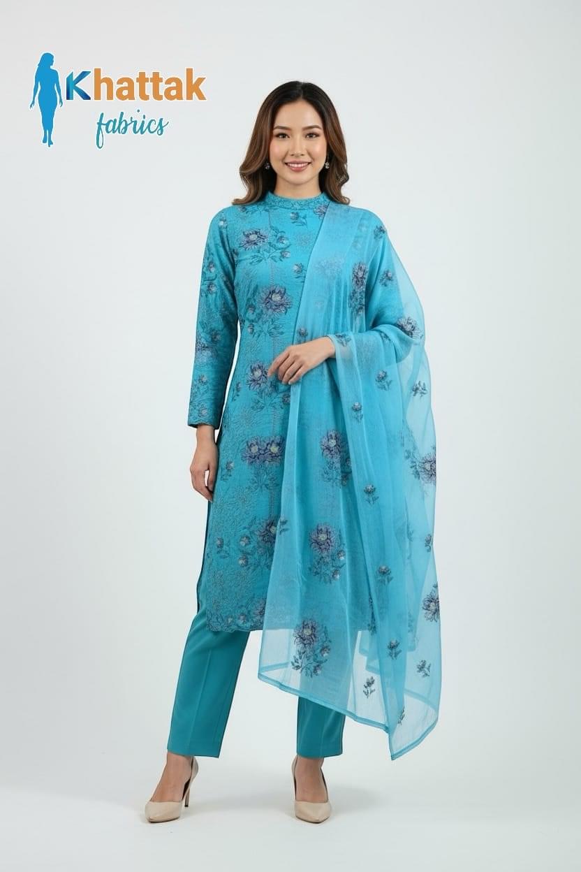 Sky blue floral Karandi 3-piece suit by Khattak Fabrics