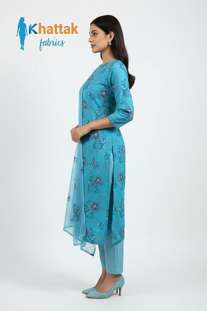 Sky blue floral Karandi 3-piece suit by Khattak Fabrics