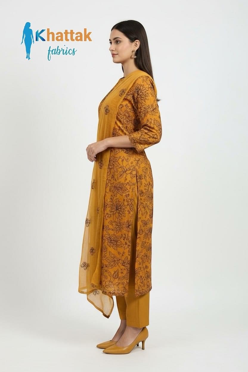 Khattak Fabrics Mustard Karandi Suit 2025 – Machine Embroidered Winter Collection