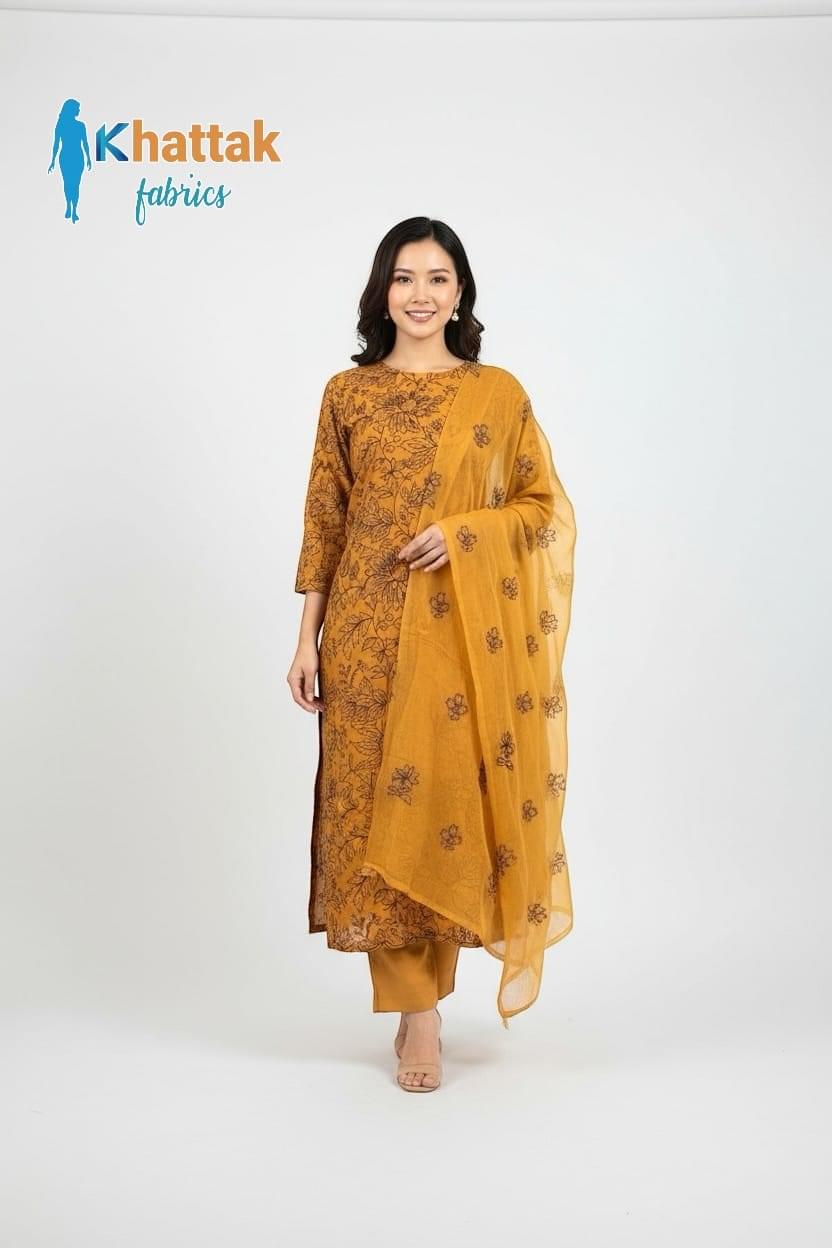 Machine Embroidered Mustard Karandi 3-Piece Suit – Khattak Fabrics 2025 Khattak Fabrics Mustard Karandi Suit 2025 – Machine Embroidered Winter Collection