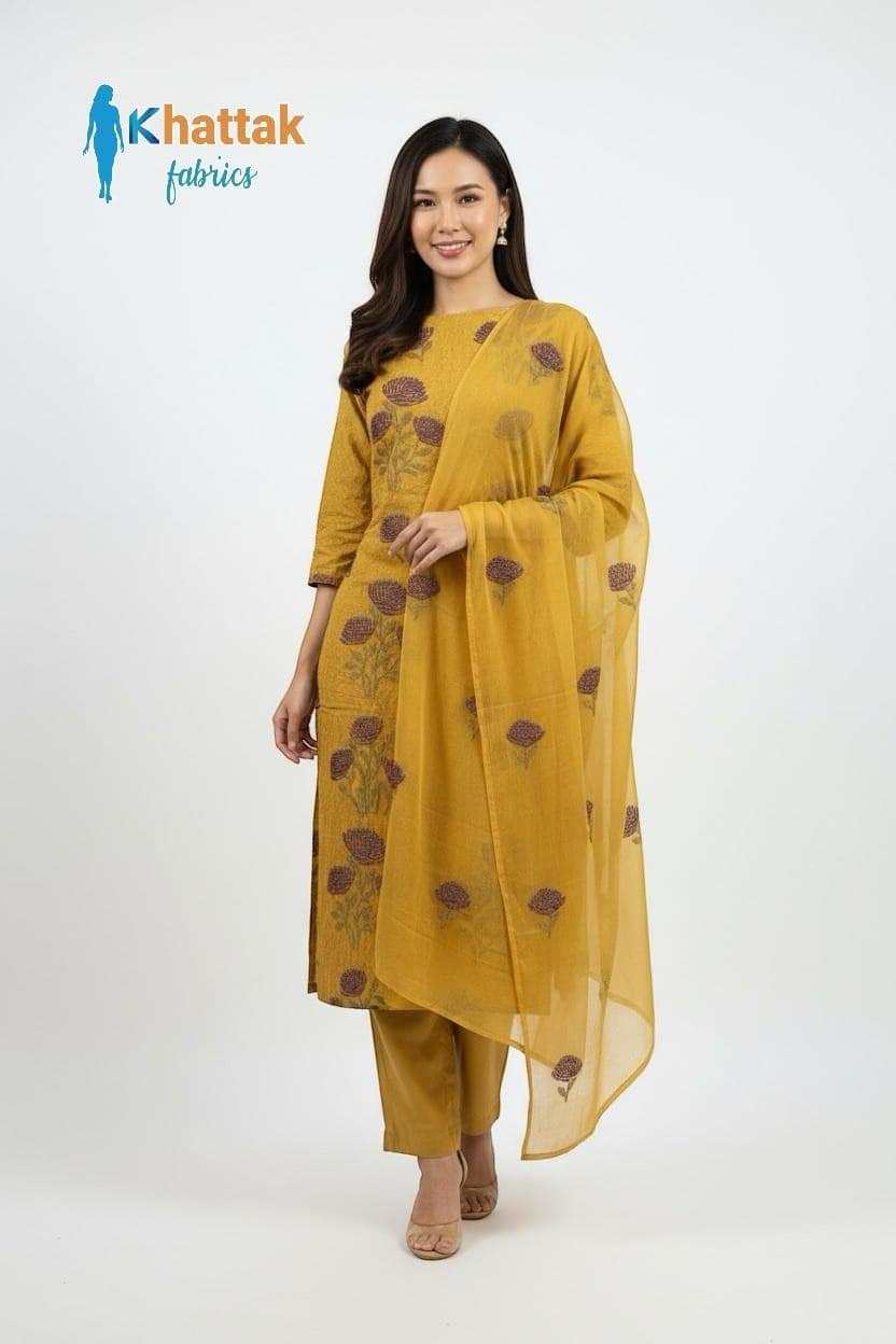 Khattak Fabrics Mustard Karandi Suit 2025 – Machine Embroidered 3-Piece