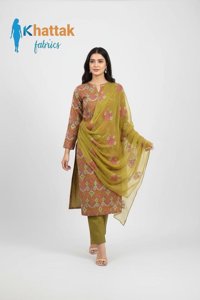 Olive green printed Karandi 3-piece suit with floral design by Khattak Fabrics