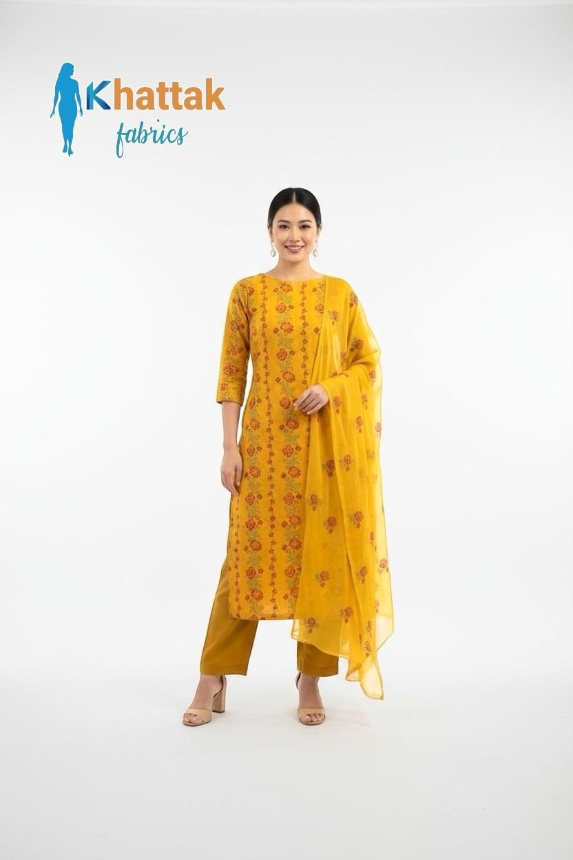 Mustard floral embroidered Karandi 3-piece suit by Khattak Fabrics