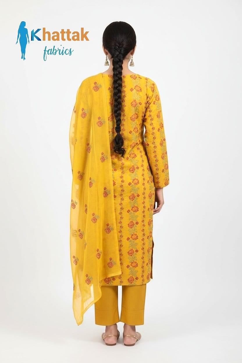 Mustard floral embroidered Karandi 3-piece suit by Khattak Fabrics