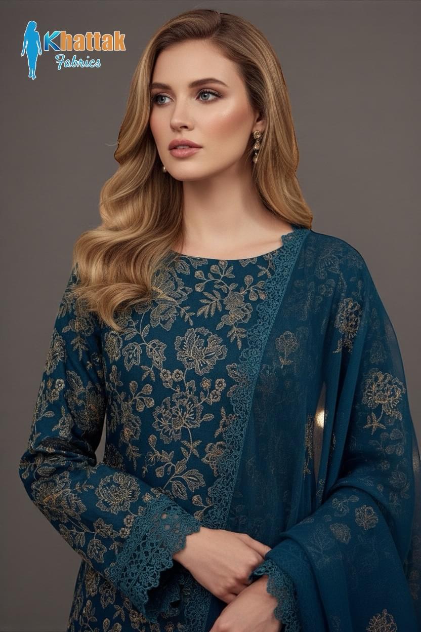 Khattak Fabrics Deep Teal Machine Embroidered Suit – Front View Deep Teal Machine Embroidered Suit Front View – Khattak Fabrics Winter Collection 2025