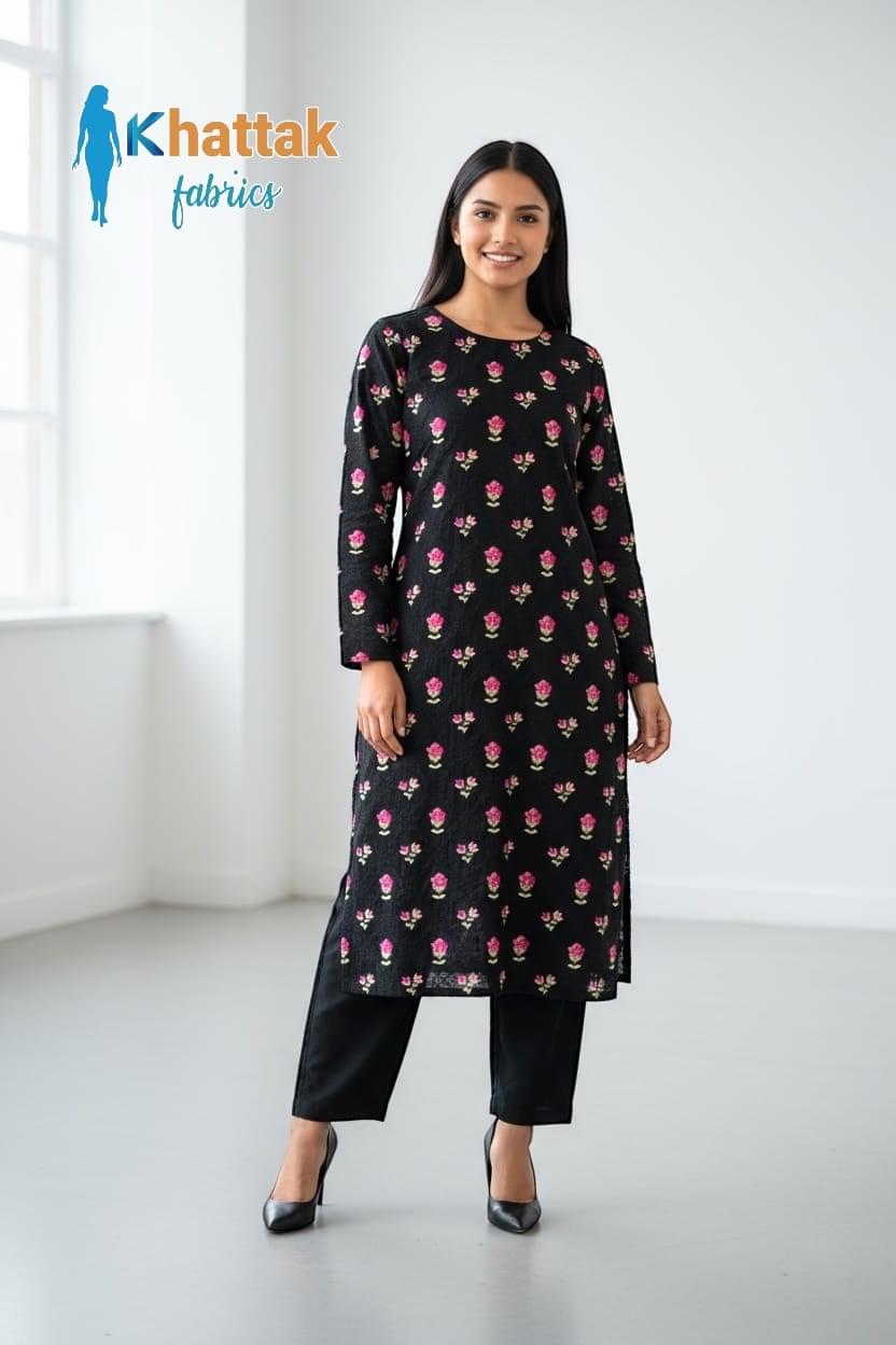 Black Karandi 3-piece suit with pink floral embroidery by Khattak Fabrics