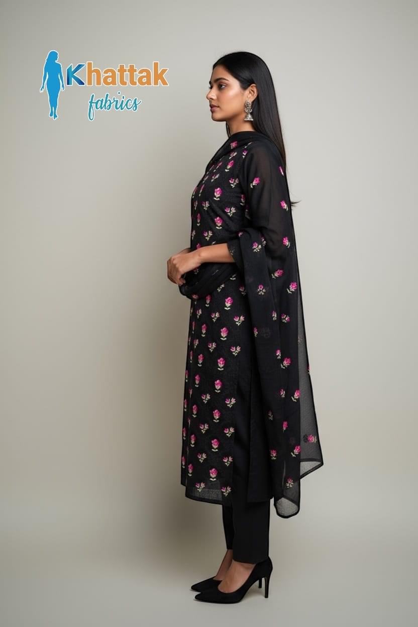 Black Karandi 3-piece suit with pink floral embroidery by Khattak Fabrics