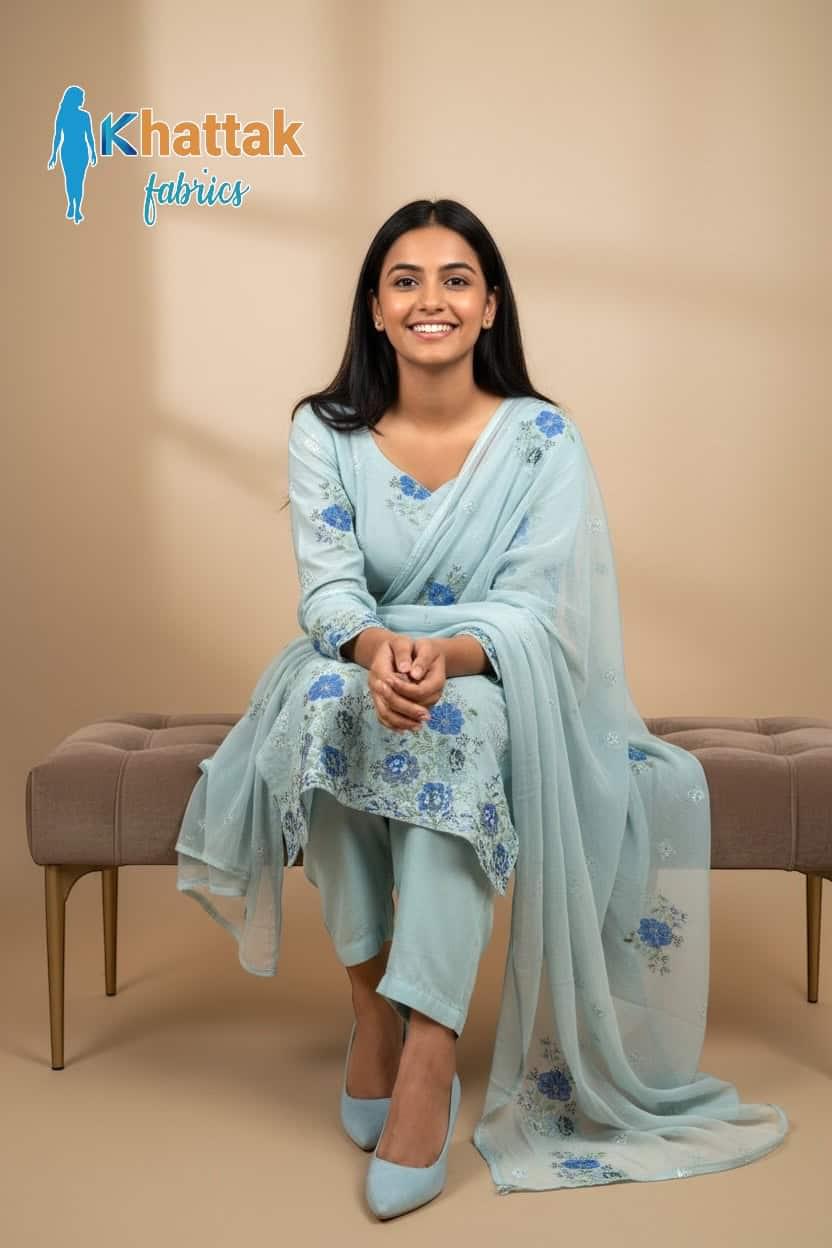 Light blue floral Karandi 3-piece suit by Khattak Fabrics