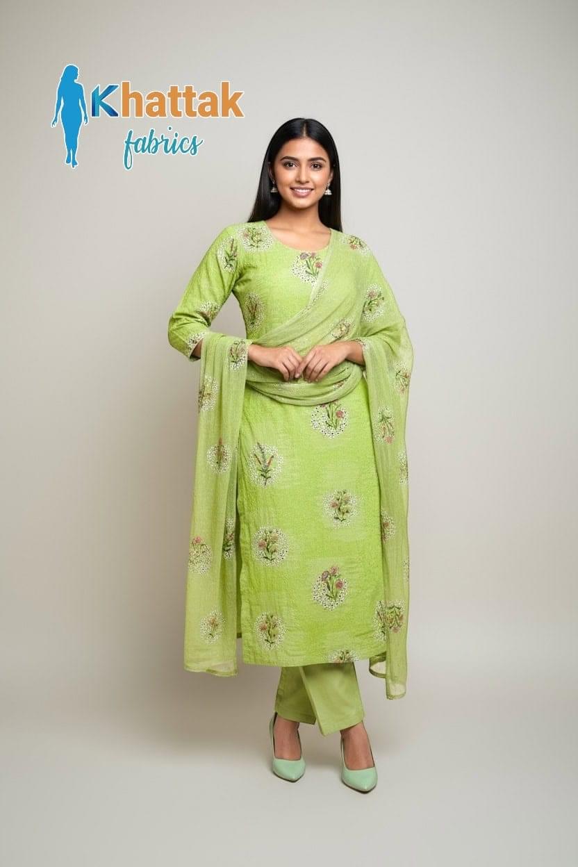 Light green Karandi 3-piece suit with floral embroidery by Khattak Fabrics