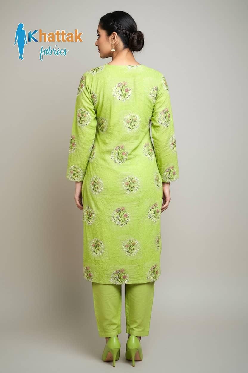 Light green Karandi 3-piece suit with floral embroidery by Khattak Fabrics