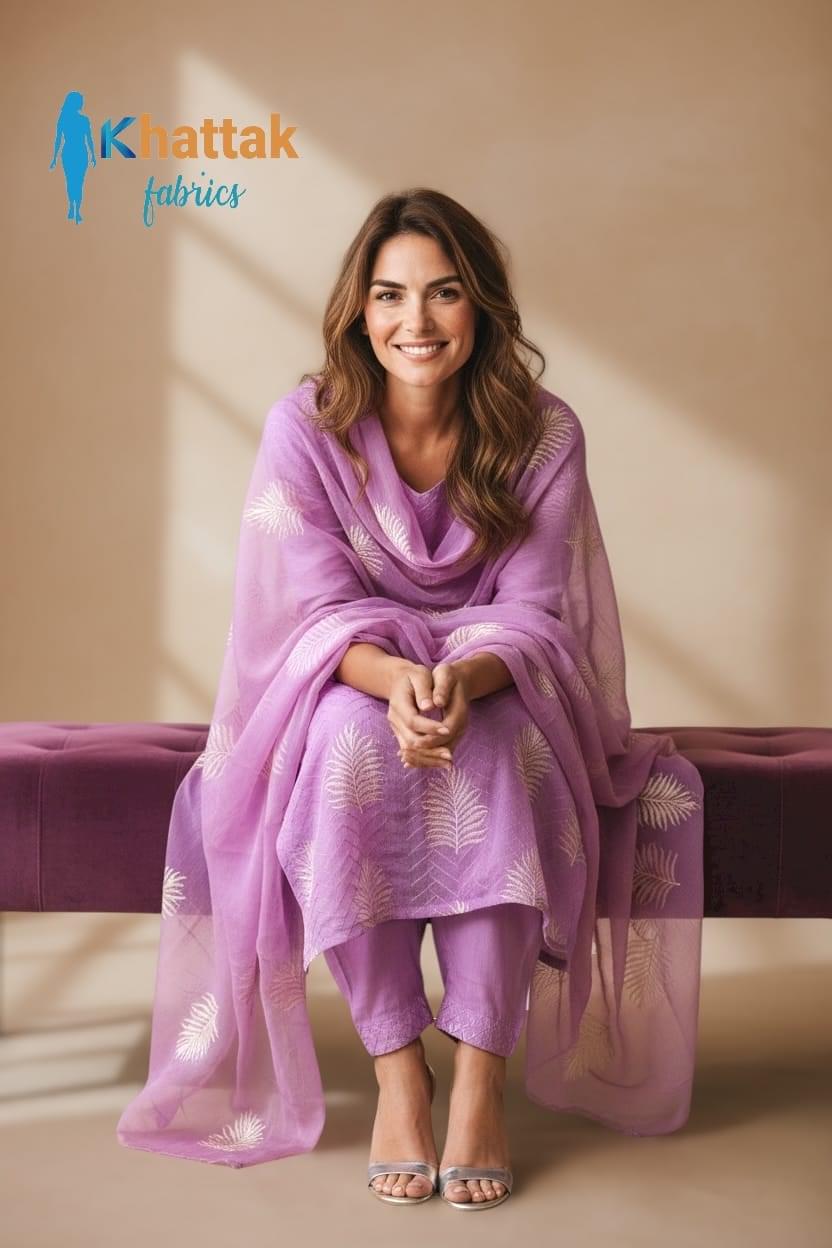 Lavender embroidered Karandi 3-piece suit by Khattak Fabrics Woman wearing lavender embroidered Karandi 3-piece winter suit sitting on bench – Khattak Fabrics