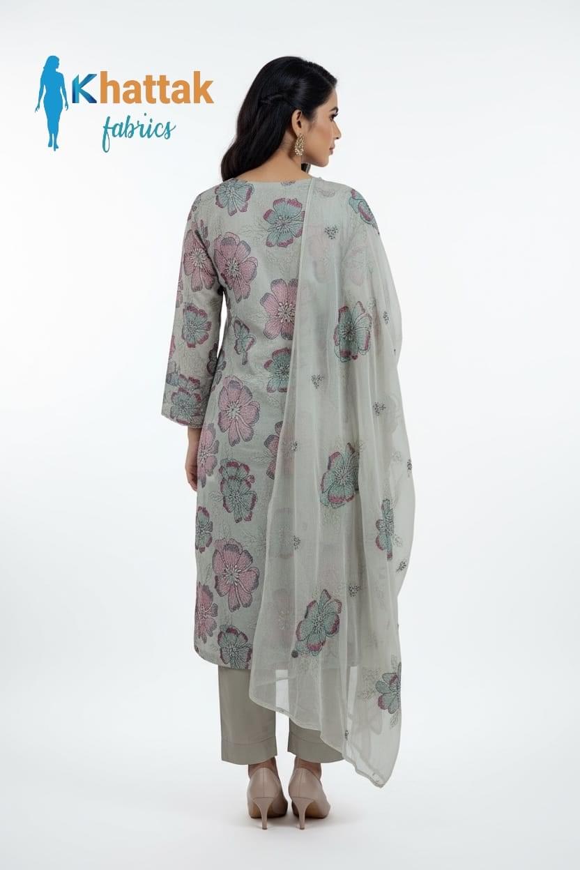 Light grey floral embroidered Karandi 3-piece suit by Khattak Fabrics
