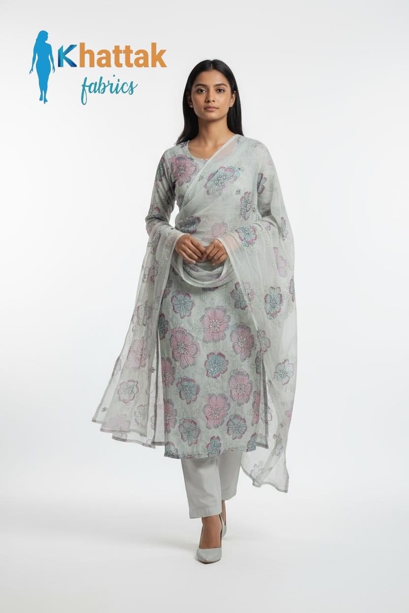 Light grey floral embroidered Karandi 3-piece suit by Khattak Fabrics