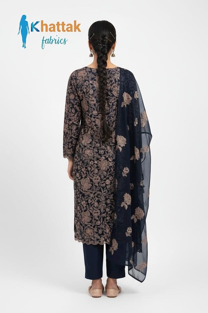 Midnight blue floral embroidered Karandi 3-piece suit by Khattak Fabrics