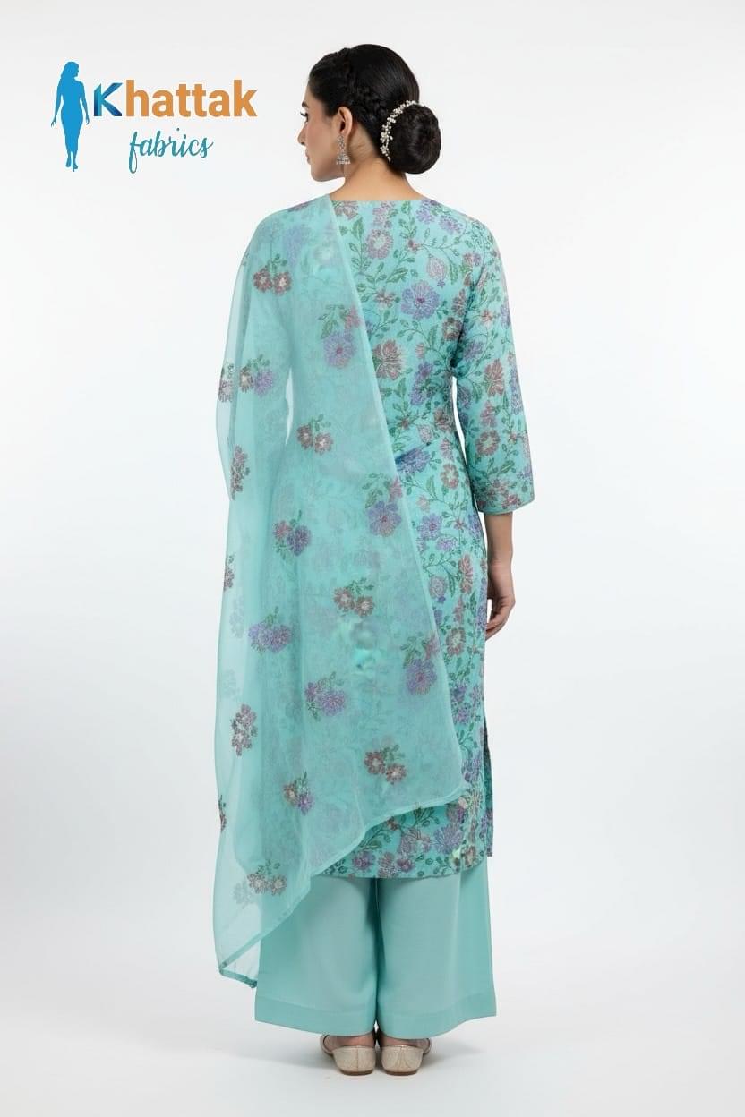 Aqua blue embroidered Karandi 3-piece suit by Khattak Fabrics