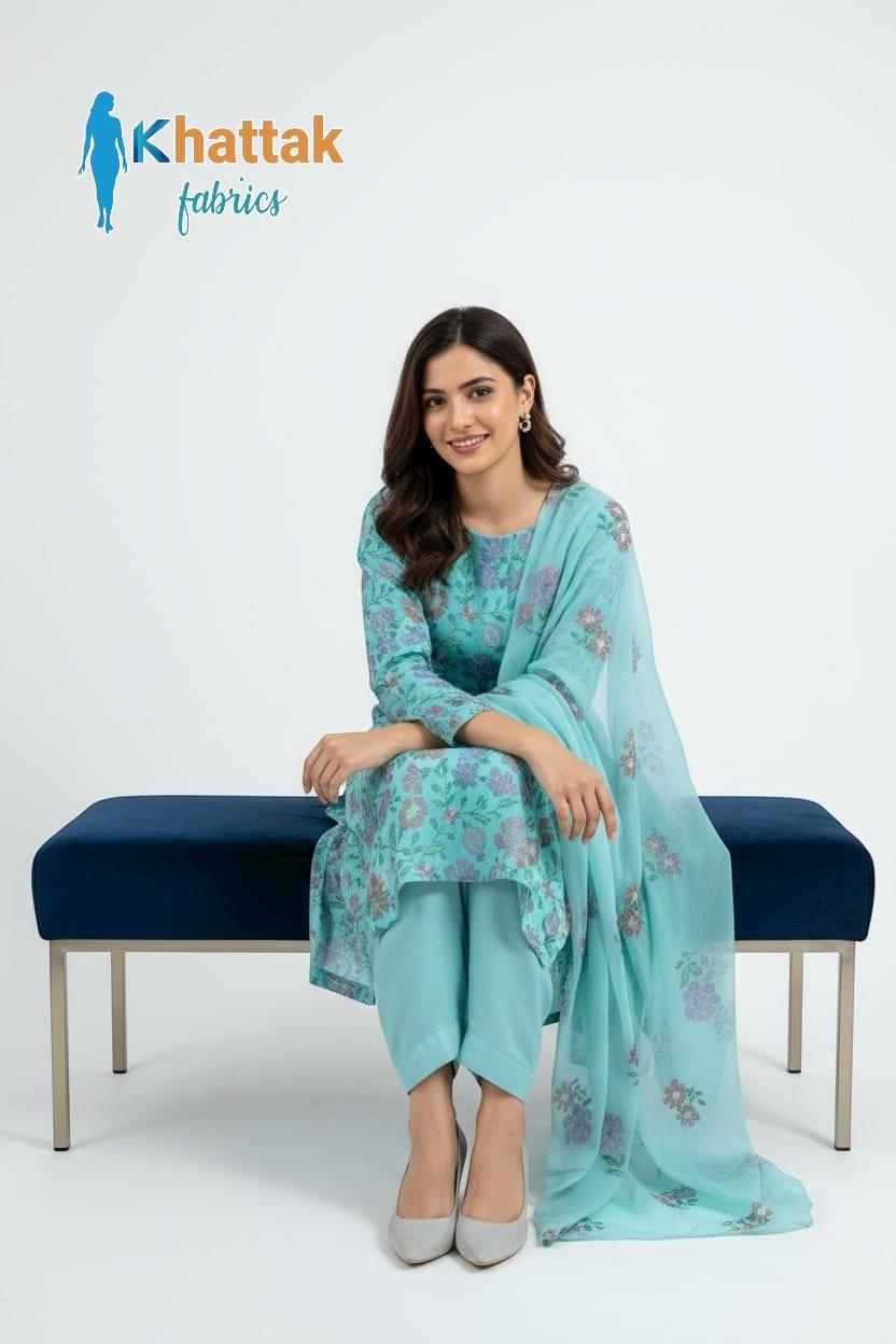 Aqua blue embroidered Karandi 3-piece suit by Khattak Fabrics