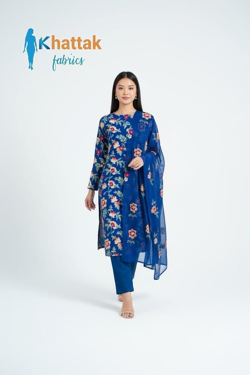 Royal Blue Floral Embroidered Karandi 3-Piece Suit – Khattak Fabrics Winter 2025 Royal blue floral embroidered Karandi 3-piece suit by Khattak Fabrics